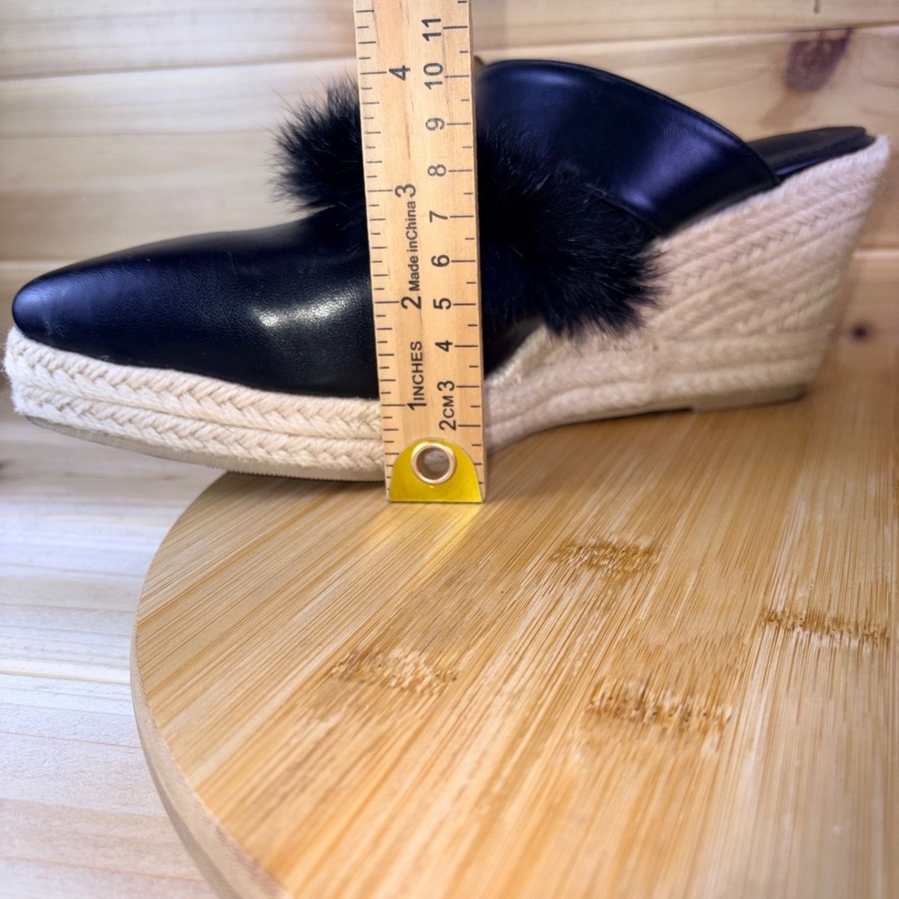 Espadrille Wedge Heels Womens 9 Black Faux Leather Pointed Toe Faux Fur Sandals - Picture 9 of 12